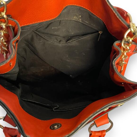 Convertible Top Handle Shoulder Bag Women's Red Gold Studded Faux Leather Tote - Picture 12 of 14